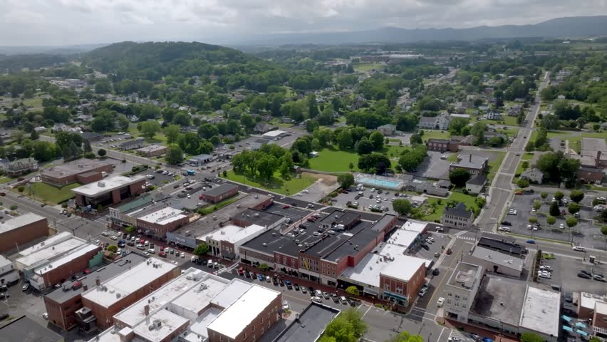 Downtown Wyethville, Virginia with drone video moving in a circle.