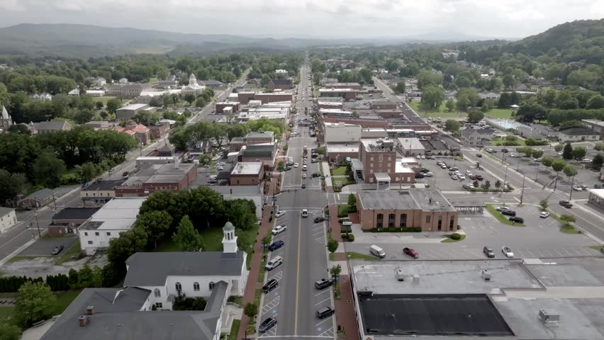 Downtown Wyethville, Virginia with drone video moving in.
