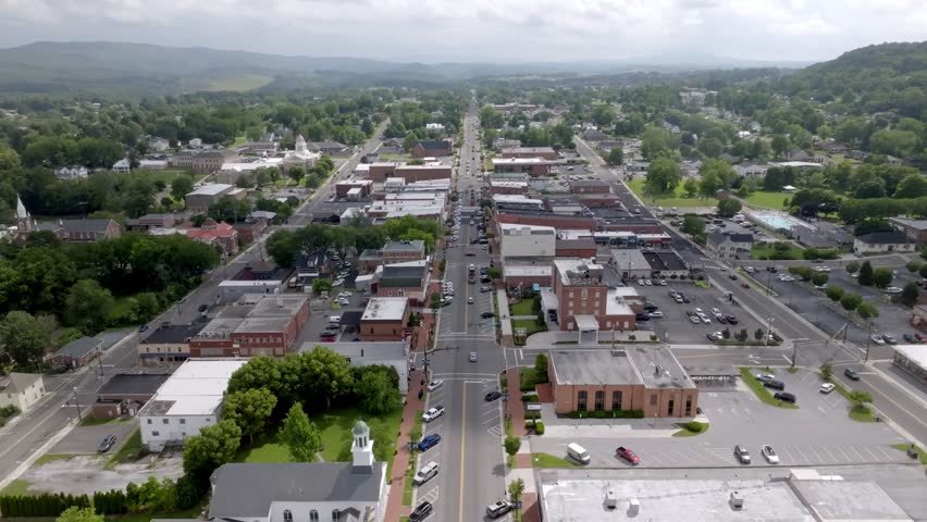 Downtown Wyethville, Virginia with drone video moving up.