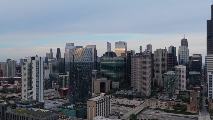 Chicago cityscape with modern skyscrapers of downtown financial district showing iconic Illinois architecture and city planning