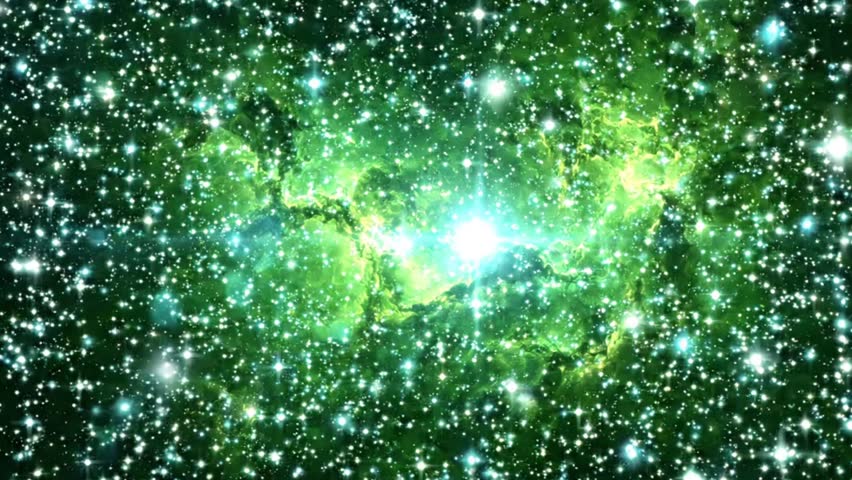 A mesmerizing green and blue nebula filled with countless stars and a radiant central light, creating a breathtaking cosmic landscape
