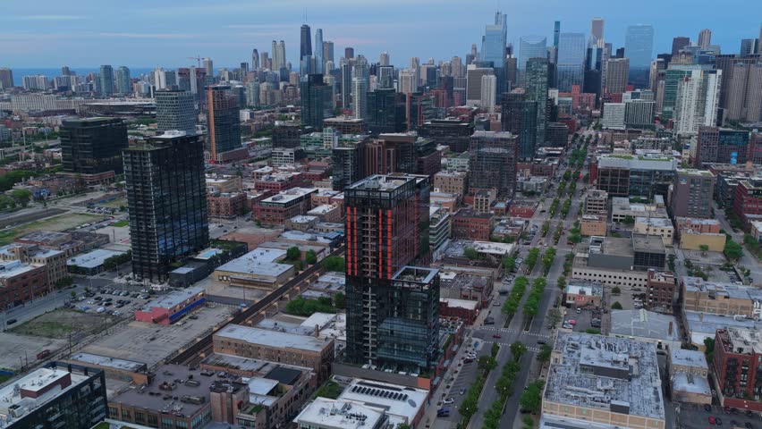 Chicago cityscape with iconic urban American metropolis architecture, soaring skyscrapers, bustling city life in state of Illinois, Midwest USA