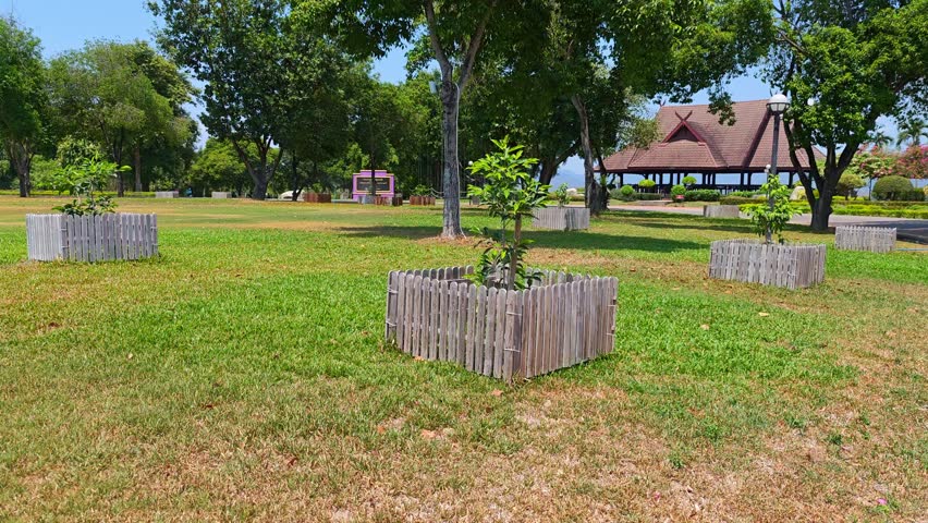 Handmade wooden fence surrounding trees , in the park