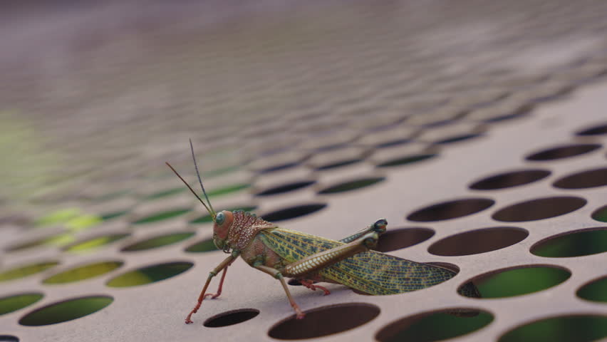 A giant grasshopper (Tropidacris cristata) resting on a textured, perforated metal surface
