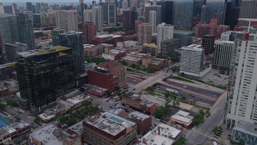 Urban metropolis cityscape of downtown Chicago with morning traffic and urban development in River North neighborhood