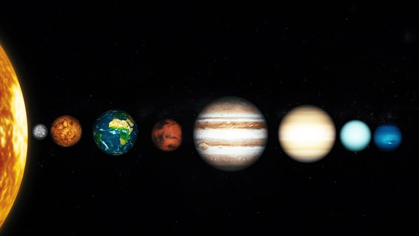 Solar system planets lineup with sun on starry background animation