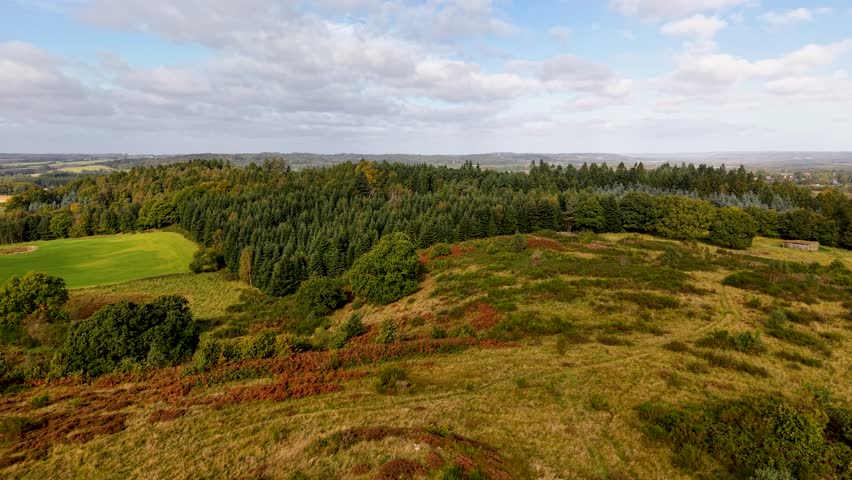Aerial view of pastoral landscape of farmland and meadows under a cloudy sky.