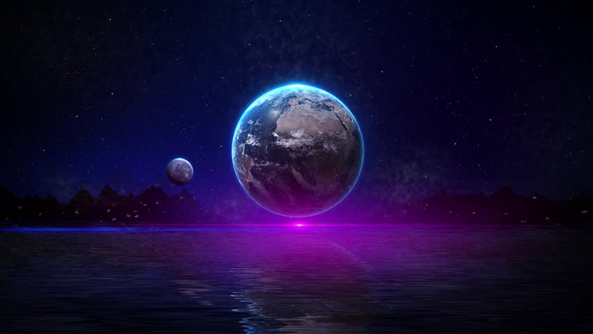 Bright Full Moon Rising Over Ocean Moonlight Reflection on Water Waves and Rocks Sea At Night. Moon Animated Background. moon floating fantastic night sky. The Sea At Night. Moon Animated Video