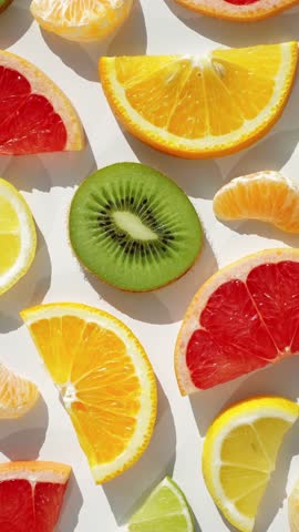 Tropical fruit mix flatlay white background kiwi orange grapefruit lemon tangerine slices colorful slow motion food photography vitamin healthy summer nutrition studio bright