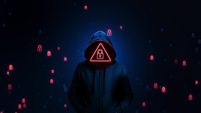 Anonymous Hacker Neon Lock Warning Cyber Security Threat digital lock cyber threats, hacking risks, data breaches. cybersecurity awareness, privacy protection, network security visuals, digital crime