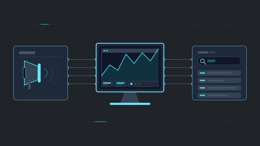 A set of three flat vector illustrations featuring a radar signal icon, a stock chart on a cute fabric baby bib, and a digital settings panel with toggles.