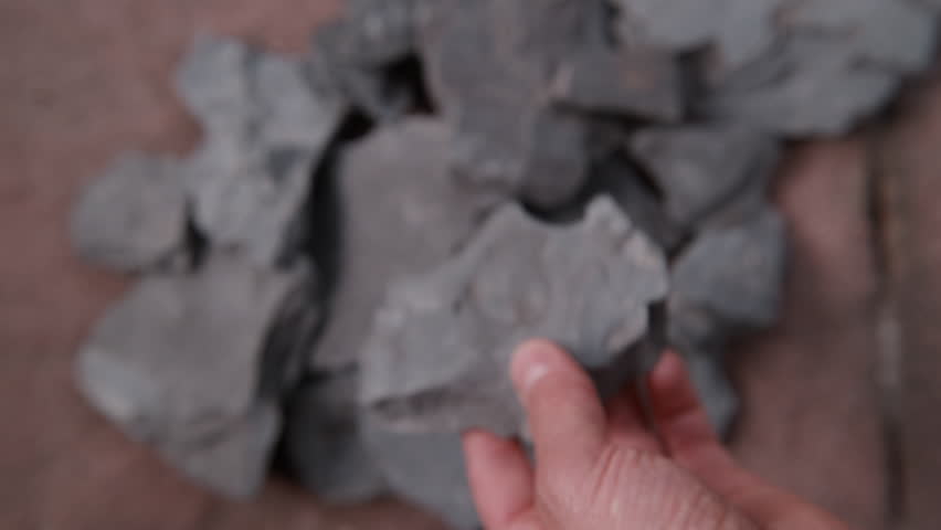 A hand lifts a slab of shale up from the pile, the ammonite fossil rising into sharp focus. The moment of discovery revealed after fossil hunting in Holzmaden, Germany – a 180 million year old find.