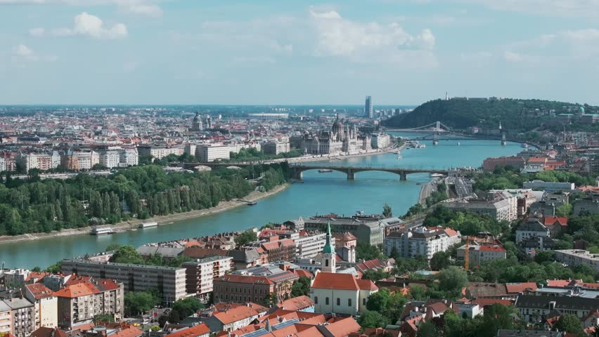 Aerial view of Budapest, Hungary, summer 2026.