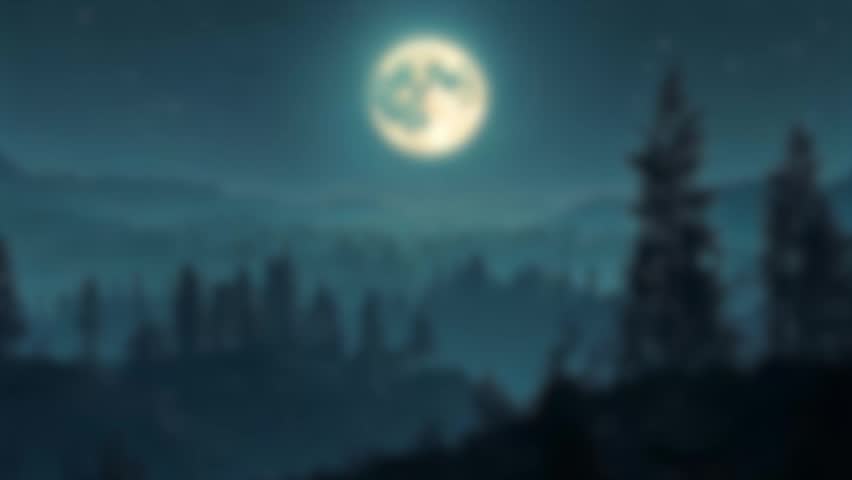 A peaceful nighttime landscape with a full moon illuminating a dark forest and mountains.