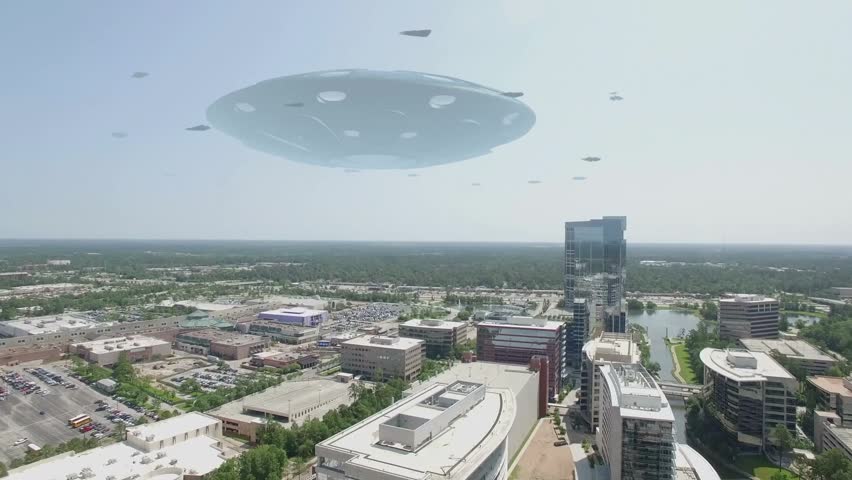 Giant flying saucer hovering over a city with smaller spacecraft swarming around it, captured in 4K drone-style footage, sci-fi alien invasion concept.