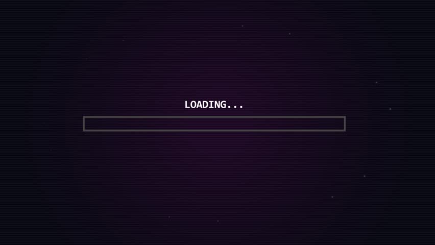 Retro pixel loading bar processing on dark scanline background with 8-bit gaming aesthetic.