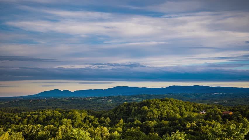 Deciduous forest illuminated by sun against a sky with clouds