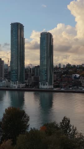 Modern Waterfront Skyscrapers Reflected in the Calm Fraser River, New Westminster, Vancouver
