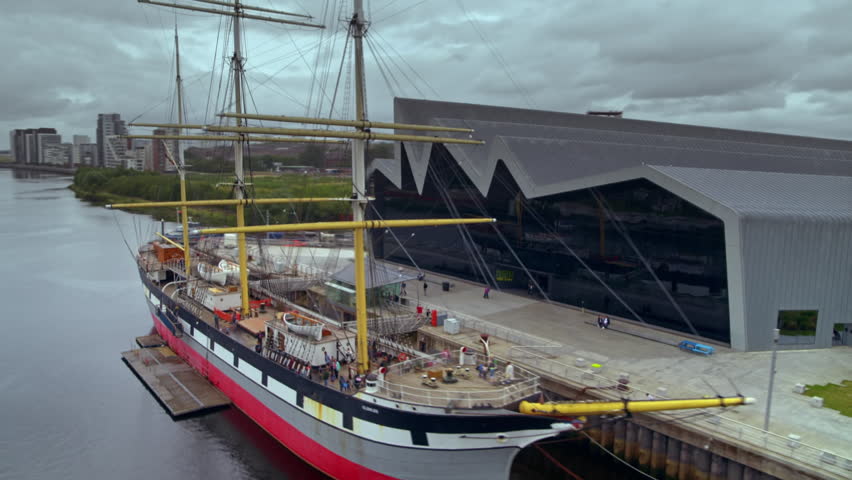 Aerial view of the historic Glenlee tall ship docked at the Riverside Museum on the River Clyde