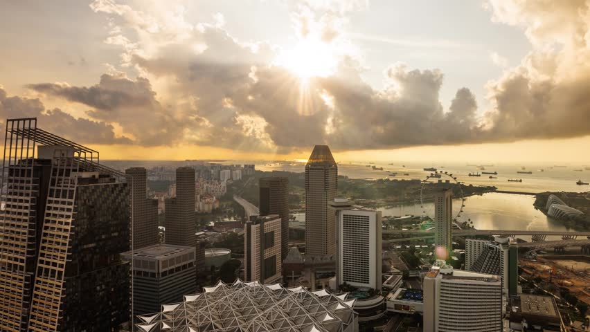 Time lapse of the Singapore skyline at sunrise.