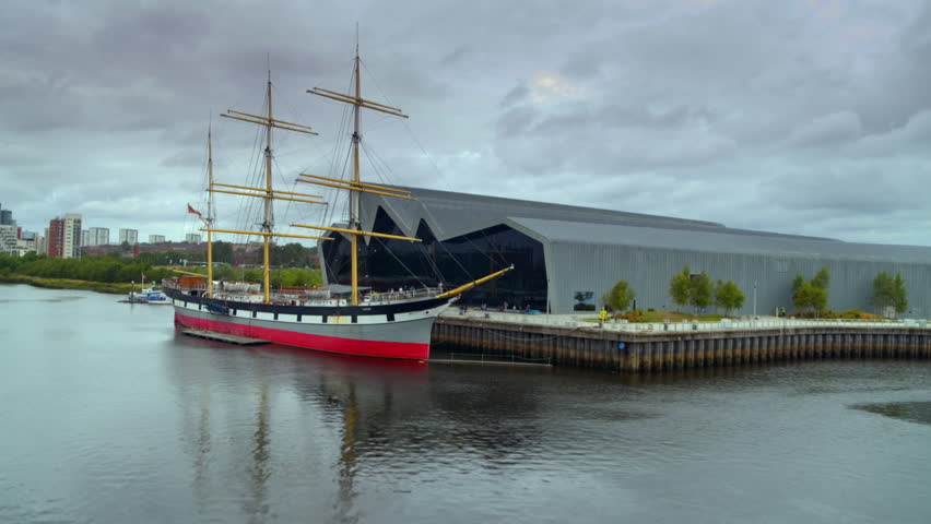 Aerial view of the historic tall ship Glenlee docked on the River Clyde in Glasgow, Scotland