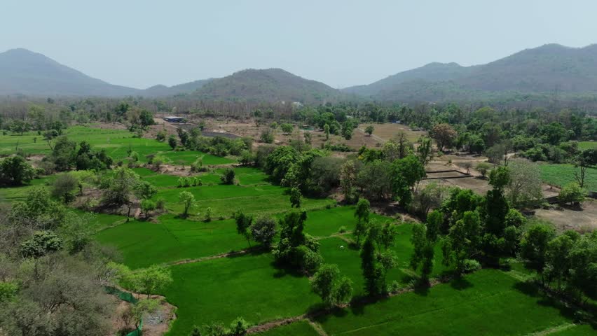Agricultural fields and scattered trees spread across a valley in the Western Ghats mountain range. Smooth lateral movement reveals the patchwork landscape with hills in the background.