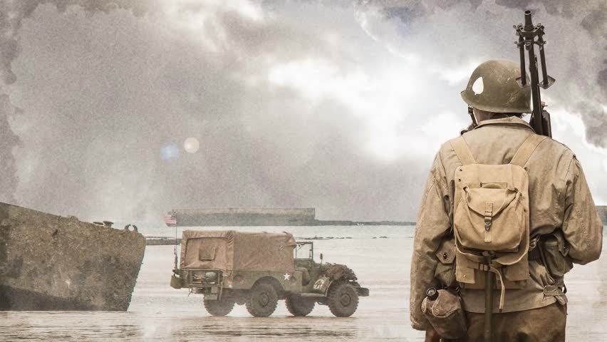 Animated historical depiction of an American GI standing on a beach during D-Day, representing World War II, military history, and wartime remembrance