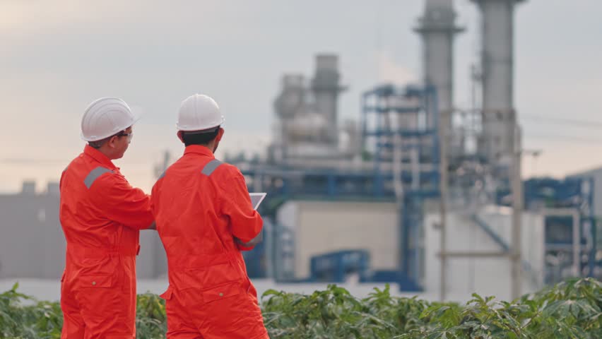 Asian male engineers discussing facility maintenance project outside the modern power station. Strict safety protocols protect valuable human resources daily. Perfect workflow.