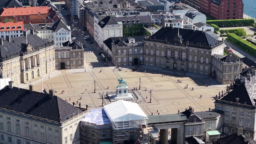 Aerial view of Amalienborg Palace and equestrian statue, Copenhagen, Denmark