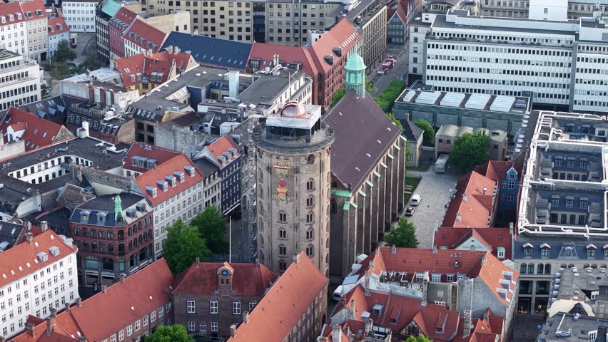 Aerial view of Rundetaarn (Roundtower) building, Copenhagen city, Denmark