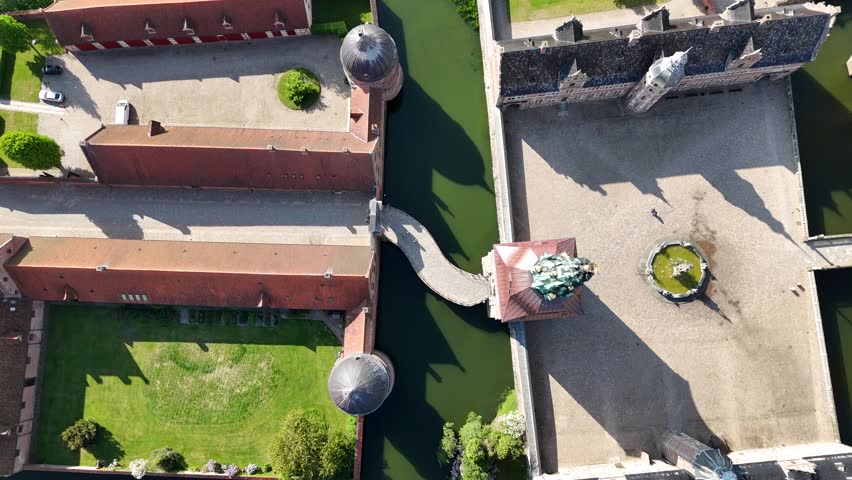 Top-down view of Frederiksborg Castle courtyard and bridge, Hillerod, Denmark