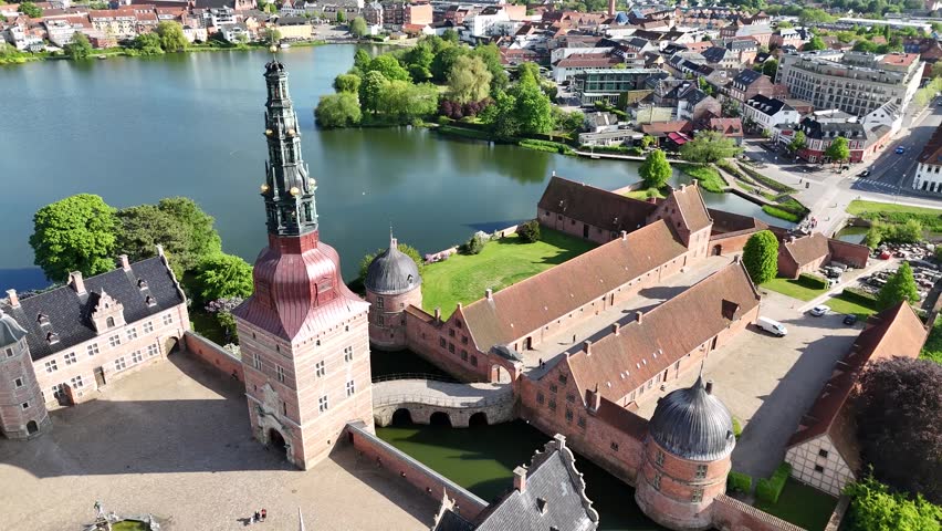 Aerial view of Frederiksborg Castle courtyard and lake, Hillerod, Denmark
