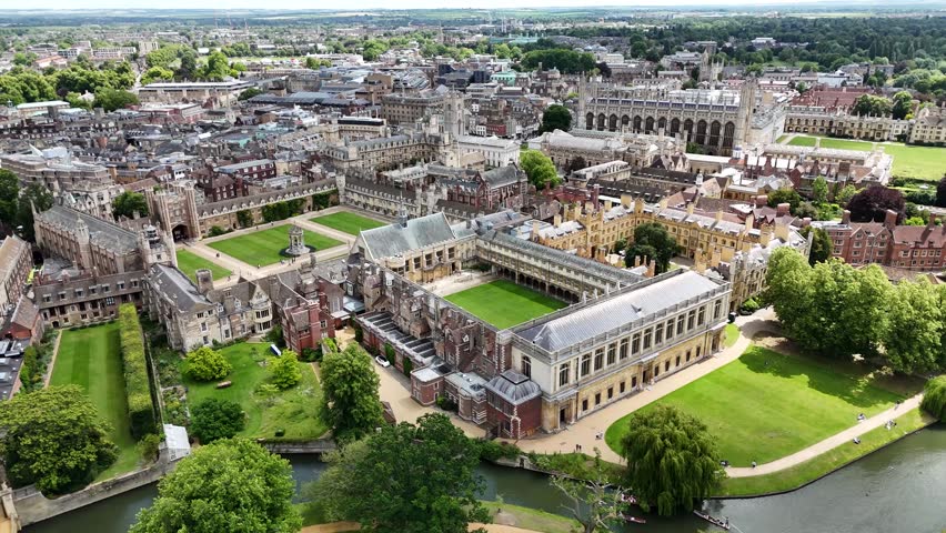 Aerial view of Trinity College university landmark, Cambridge city, UK