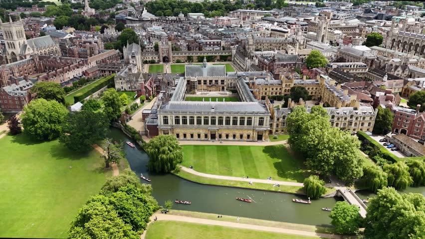 Drone shot of Wren Library and Trinity College, Cambridge city, UK