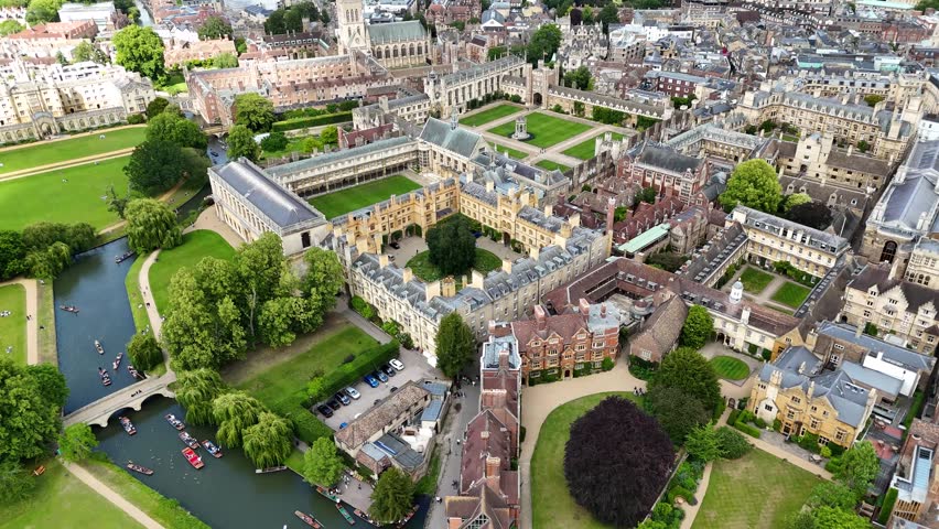 Flight over River Cam punting activity and Trinity College, Cambridge, UK