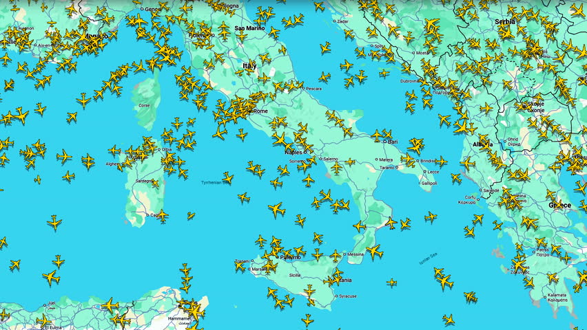 Air Traffic Density Map Above Italy and Mediterranean Flight Routes, commercial aircraft movements across southern European airspace and surrounding seas