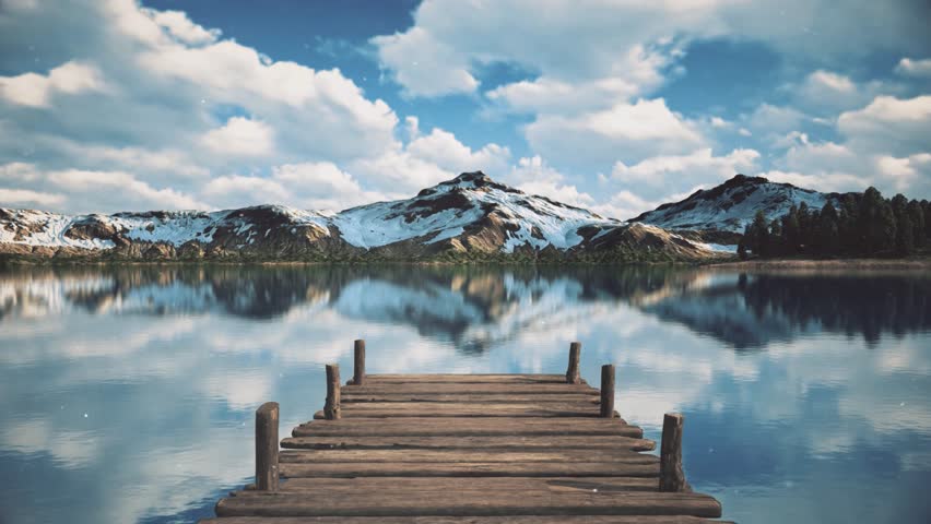 This video shows a calm lake with a wooden dock and snow-capped mountains in the background under a blue sky with white clouds
