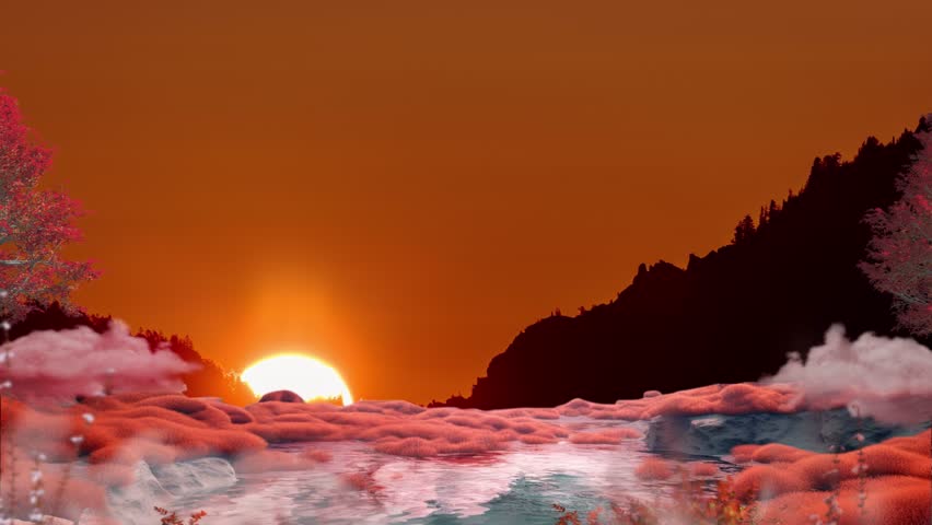 This video shows a seamless loop of a fantasy landscape with a vibrant sunset, showcasing a serene and dreamlike environment with rolling hills, trees, and a body of water