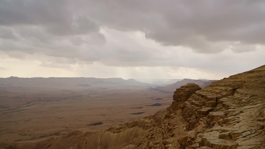 Dramatic cloudy sky over the Ramon Crater in Israel