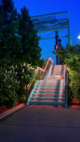 Woman approaching illuminated staircase at blue hour, Brooklyn waterfront. Rear view figure in white skirt walking toward neon lit metal steps surrounded by foliage.