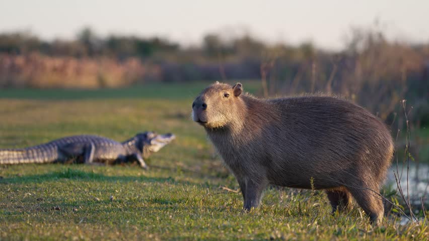 Capybara grazes by the water while a caiman rests in the background on a grassy wetland at sunset.