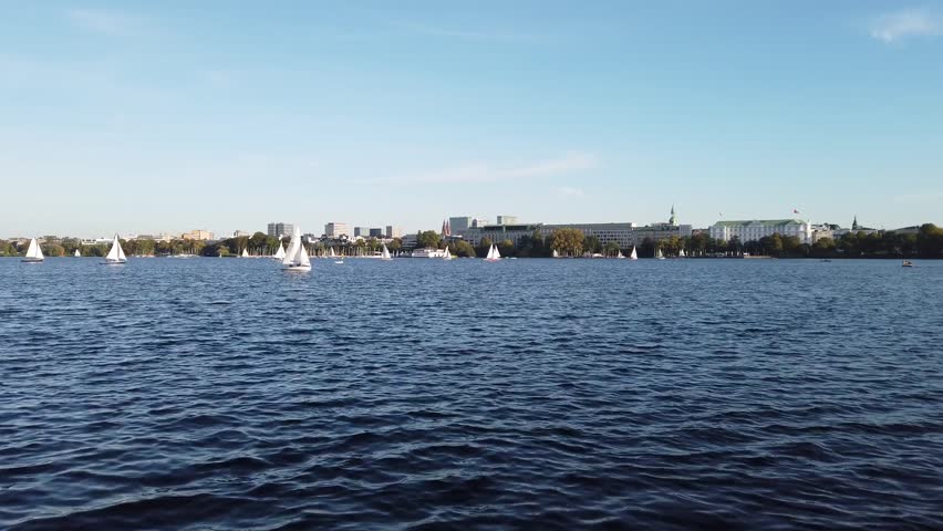 Scenic view of sailboats crossing Outer Alster Lake with the Hamburg skyline stretching across the waterfront, beneath clear blue sky and calm water conditions