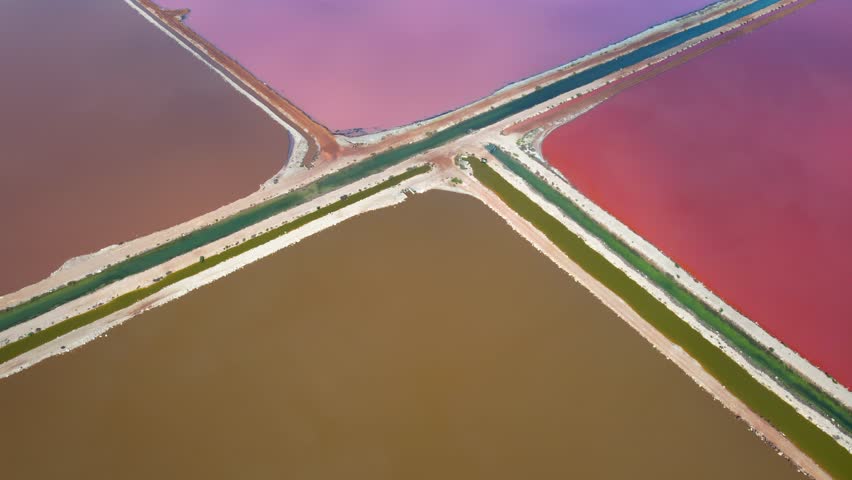 Aerial view of Hutt Lagoon Pink Lake with vibrant colors and serene landscape, Yallabatharra, Australia.