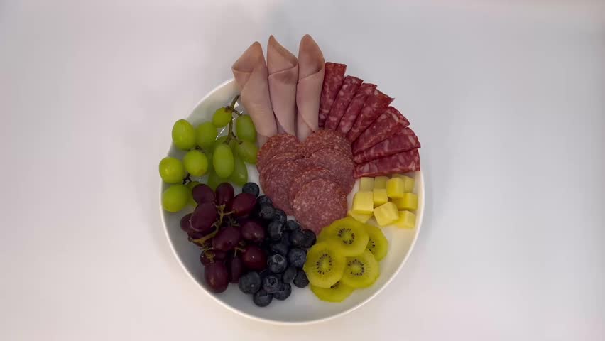 Healthy Charcuterie Board with Fresh Fruits and Sliced Cured Meats Top View Video
