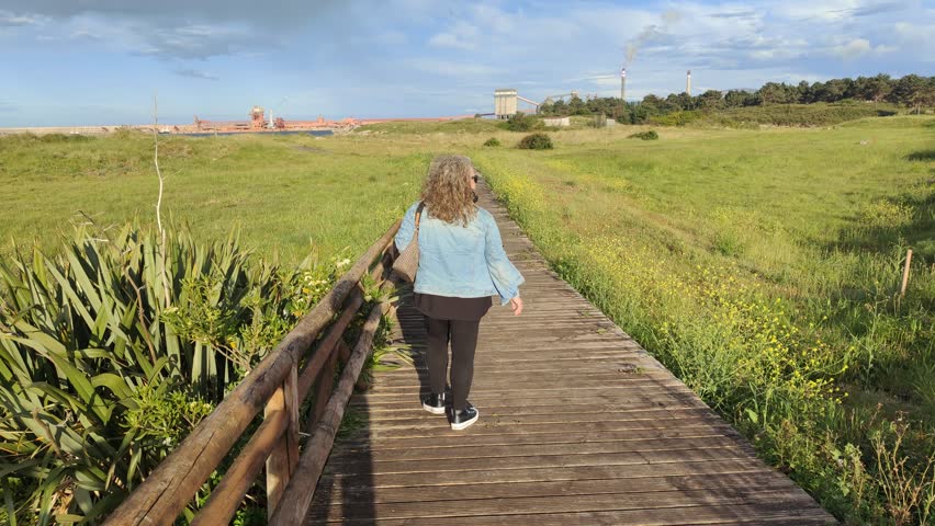 Rear view of a woman with curly hair walking along a wooden pathway through a green meadow, heading towards a distant factory on a sunny day with some clouds in the sky