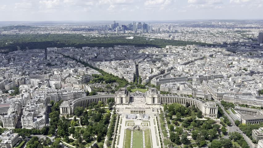 View from Eiffel Tower summit overlooking Trocadéro gardens in Paris, France