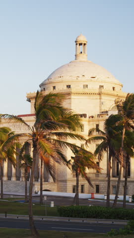 Capitol of Puerto Rico building in San Juan. Landmark in Puerto Rico. Includes House of Representatives and Senate. Building is also tourist attraction destination near old San Juan. Vertical video.