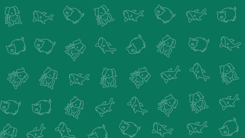 Cute dog, shark, and pig seamless doodle pattern on dark green background. Minimal cartoon line art style suitable for nursery wallpaper, children textile designs, and wrapping paper.
