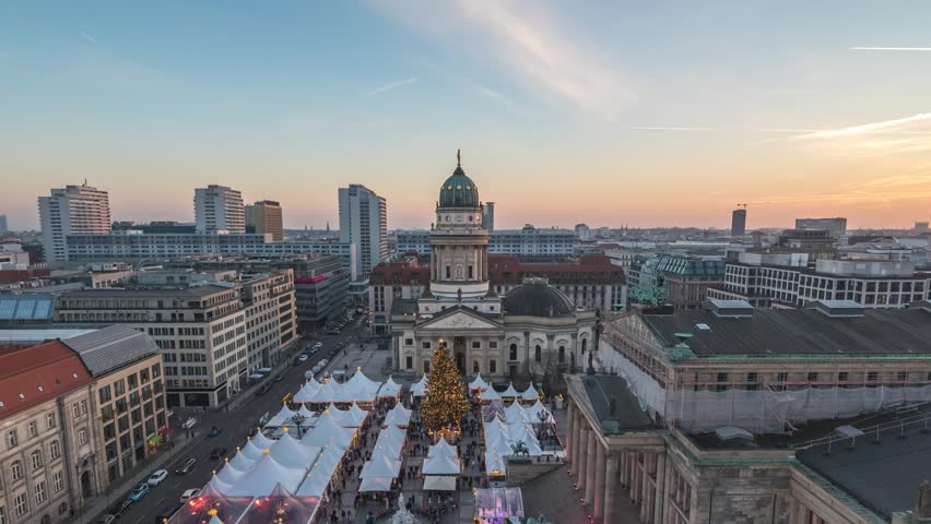 Berlin Germany time lapse high angle view Christmas market at Gendarmenmarkt Square