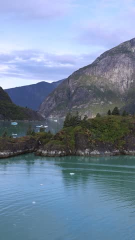 Aerial view of Tracy Arm-Fords Terror Wilderness with icebergs and mountains in Juneau, Alaska, United States.